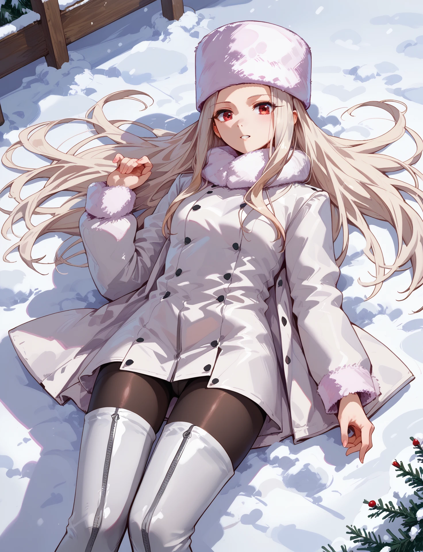 score_9, score_8_up, score_7_up,
1girl,  <lora:irisviel_von_einzbern_by_wizard_2:1>, iirisviel_von_einzbern_winter, full body, thigh boots, pantyhose, white short coat, lying in snow