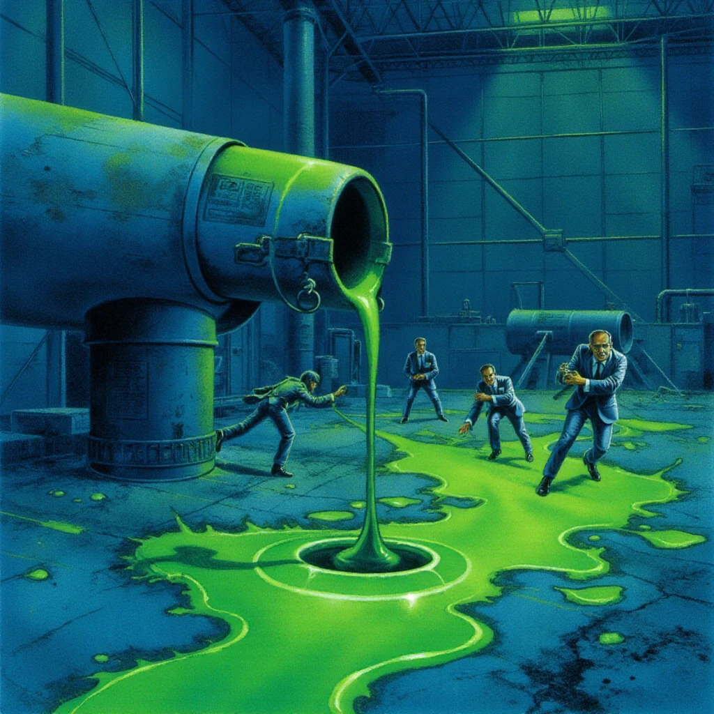 A green liquid is leaking from a pipe, worker men are running away from it in the ground, painting in the style of m3g4d3thart artstyle, inside a factory, blue tone