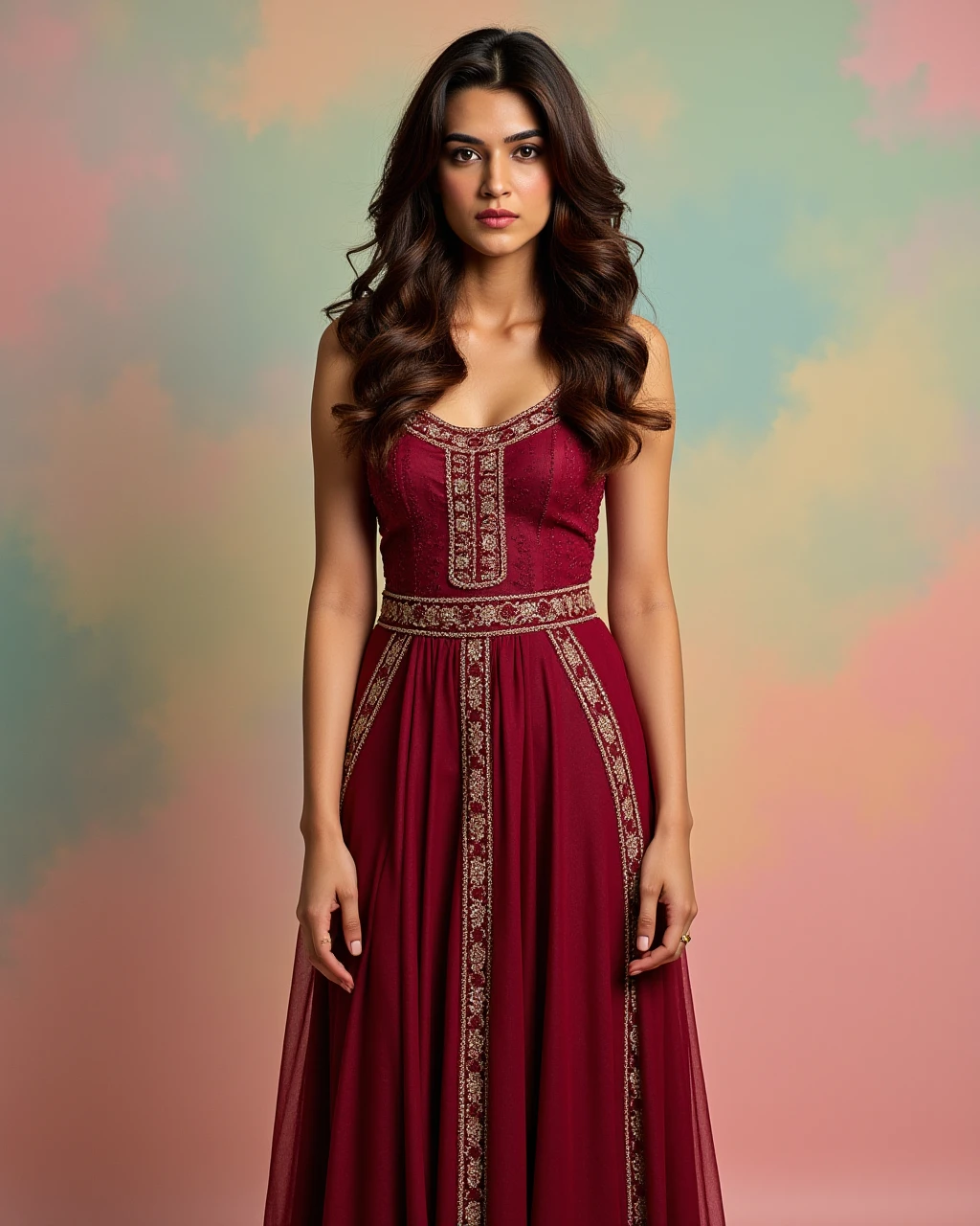 full body photo of a Kriti Sanon woman,candid photo with natural colors, serious expression on face,studio quality, wearing intricate conservative sleeveless Maroon Long Anarkali Gown, curls, pastel shaded multicolored background, cinematic soft lighting<lora:TestBed\Kriti_Sanon_2024_Flux_LoRA_V1.safetensors:1.0:1.0>