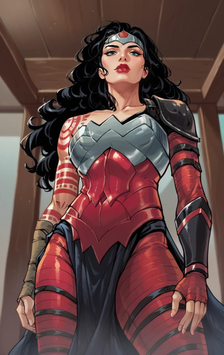 score_9,score_8_up,score_7_up BREAK<lora:AbsoluteWonderWoman:1>, AbsoluteWonderWomanMarlo, 1girl, solo, long hair, black hair, armor, tattoo, shoulder armor, pauldrons, breastplate,  red lips, from below, room, room background