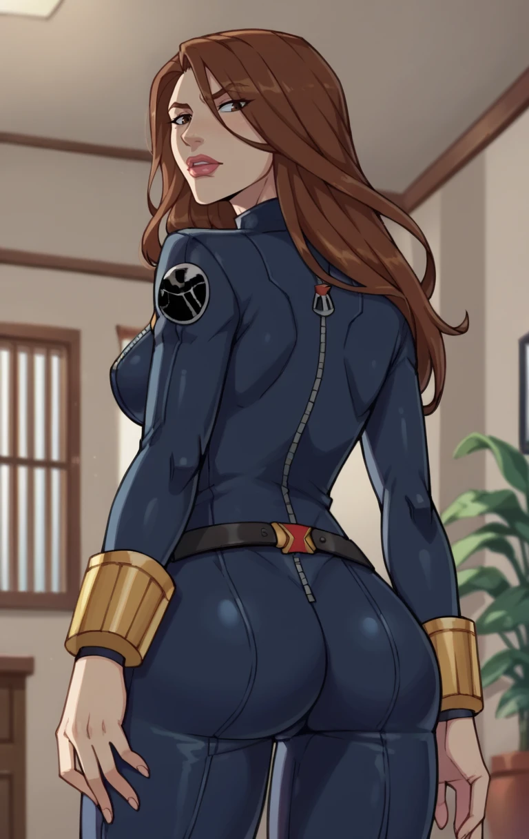 score_9,score_8_up,score_7_up BREAK <lora:Blackwidow:1>,BlackwidowAVA,1girl,long hair,brown hair,brown eyes,lips,bodysuit,belt,lipstick,zipper,cowboy shot,room,room background,from behind, looking back, ass focus,