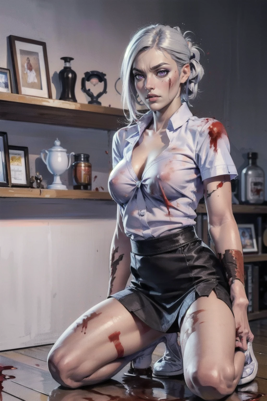 <lora:Amily_AoV_Model_LoRA:0.6>, 1girl, solo, short hair, folded ponytail, multicolored hair, bangs, grey hair, looking at viewer, purple eyes, make up, scar on face, nose, lips, parted lips, closed mouth, cleavage, breasts, (large breasts:1.8), (scar, scar on body:1.8), dark skin, dark-skinned female
, <lora:bloodvessel:1.2>, (blood, blood on face, blood on body, blood on clothes, bleeding:1.6)
, flower, indoors, cup, book, bottle, plant, scenery, wooden floor, bookshelf, shelf, vase
, <lora:mahalaiuniform:1>, mahalaiuniform, white shirt short sleeves, black pencil skirt, black pleated skirt, best quality, ultra high res, (photorealistic:1.4), masterpiece, real life skin, hyper real