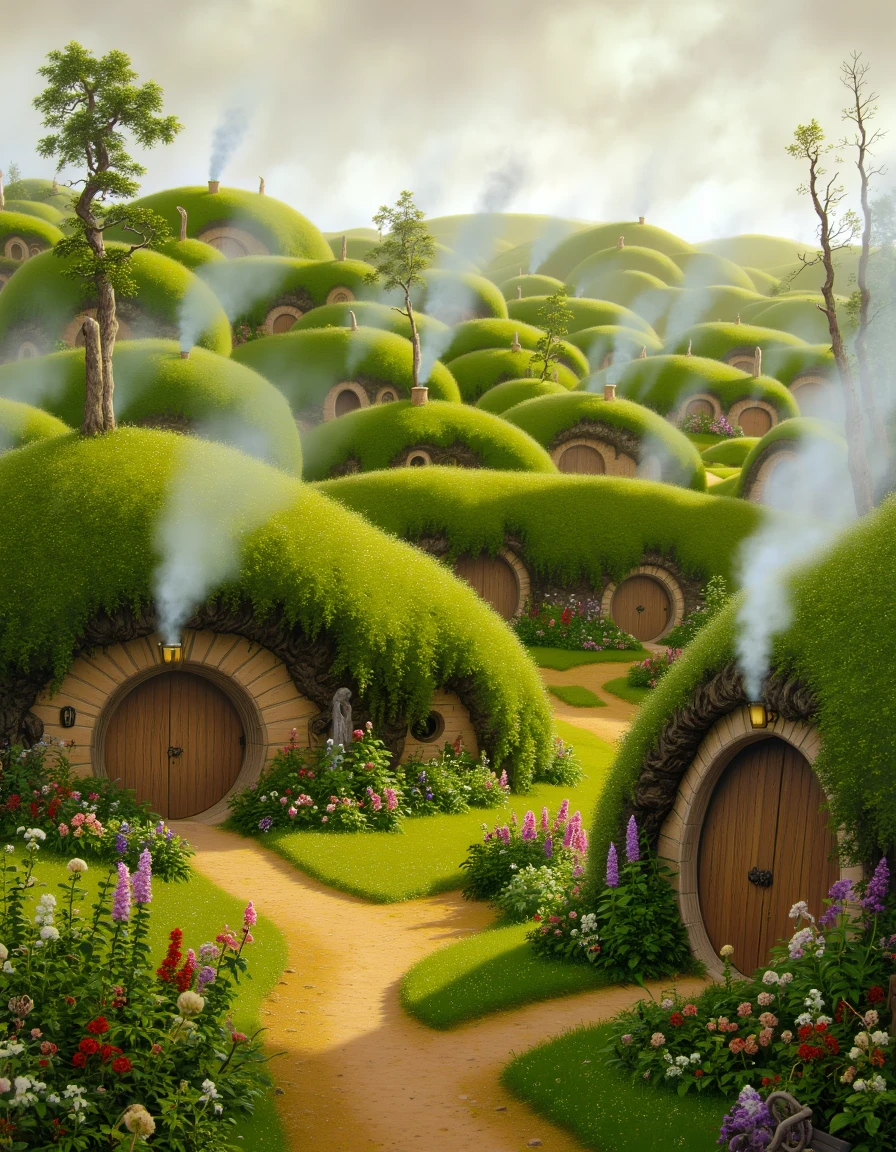 a painting of a misty dawn breaks over the rolling hills of the Shire, where dewy grass sparkles beneath round wooden doors set into earthen mounds. Smoke curls lazily from tiny chimneys while gardens overflow with bright flowers and ripening vegetables. Well-worn dirt paths wind between the hobbit-holes, connecting neighbors across the peaceful landscape.
<lora:TedNasmith_MiddleEarth-flux-v2:1.25>