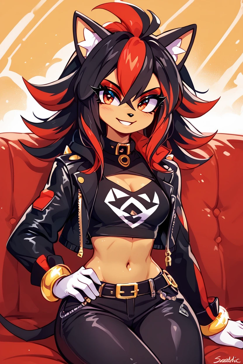 score_9, score_8_up, score_8, medium breasts, (curvy), cute, eyelashes,       BREAK, , ,,, zzShady, red eyes, multicolored hair, two-tone hair, streaked hair, black hair, red hair, animal ears, , long hair, furry, spiked hair,  black crop top, open jacket, black leather jacket, gold bracelet, black leather pants, white gloves,  hand on hip, hip to the side,  <lora:ShadowRule63_PDXL:0.8>,  ,,,, BREAK, ,,, smile, looking at viewer, blush, blurry, couch, sitting, ,,, shiny skin, <lora:ProAnime_PDXL_v1:0.7>, ,,, embedding:zPDXL, Expressiveh, <lora:SDXLFaeTastic2400:0.5>, <lora:Expressive_H-000001:0.4>,