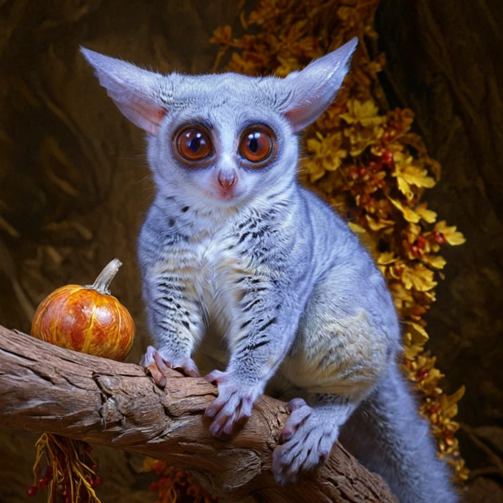 animal galago, design by pixar and Antonio J. Manzanedo, unreal 5, daz, hyperrealistic, octane render, cosplay, rpg portrait, dynamic lighting, intricate detail, harvest fall vibrancy, cinematic 