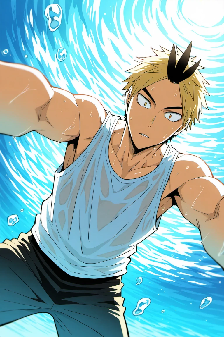 day, natural lighting, summer theme, water, water droplet, water splash, male focus, leaning forward, looking down at viewer, surprised, KoganegawaHU, blonde-black_KoganegawaHU_multicolored hair, parted lips, summer clothes, wet clothes, tank top, 1boy, blurry outdoors, scenery, from below, dutch angle, intricately detailed illustration, masterpiece,best quality,amazing quality,very aesthetic,absurdres,newest