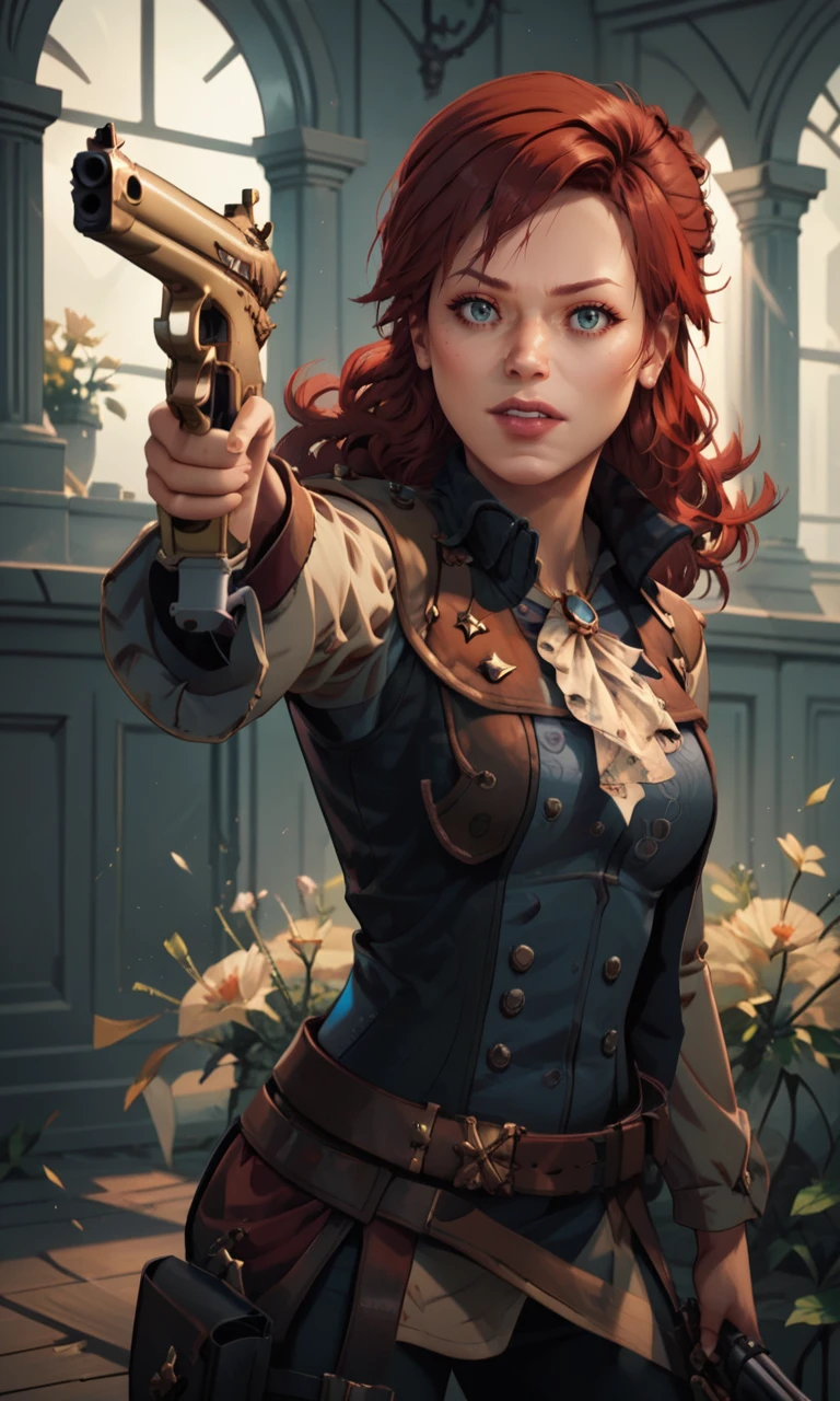 score_9,  score_7_up,1girl,solo,4lise,red hair,lether jacket, holding athe gun,aiming the gun,(smiling:0.3),standing near the guillotine in the square,(<lora:4lise5:1>:0.8)