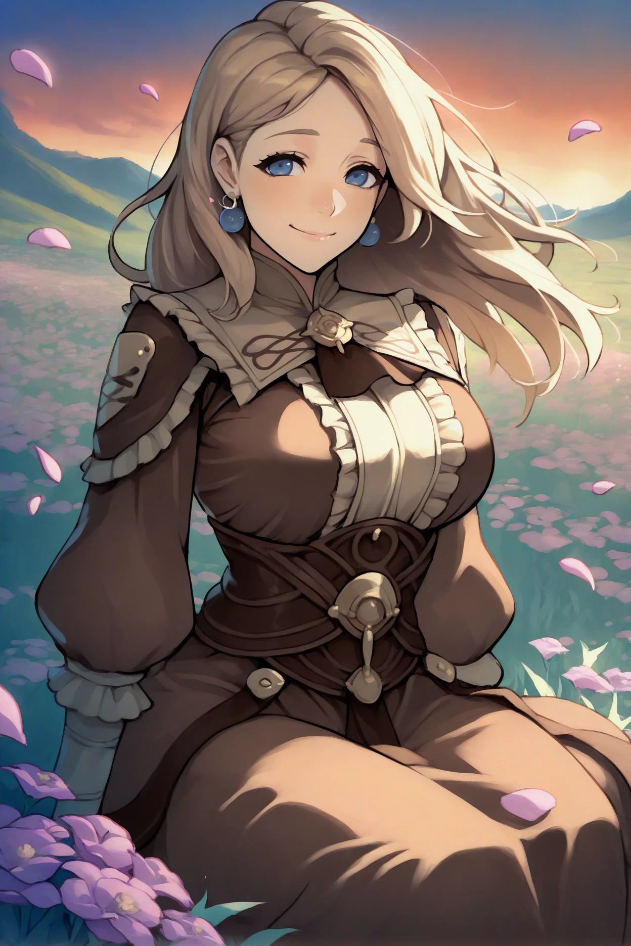 masterpiece, best quality, 1girl, solo, <lora:femercedes-illu-nvwls-v1-000005:1> 3hmcdes, blonde hair, long hair, blue eyes, earrings, brown dress, white frills, brown ascot, long sleeves, corset, large breasts, sitting, field, hill, blue sky, sunset, flower petals, wind, looking at viewer, smile