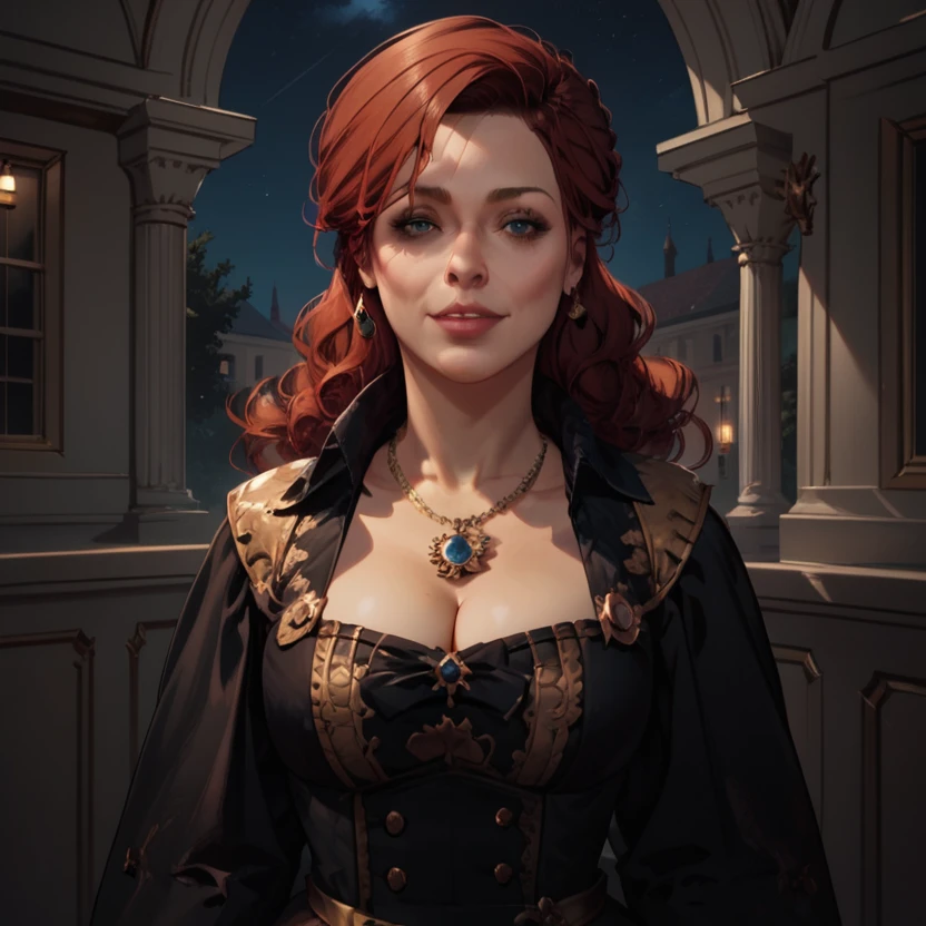 score_9,  score_8_up,score_7_up,1girl,solo,4lise,red hair,black dress,black sleeves,cleavage,old Paris,night,(seductive smile:0.4),(<lora:4lise5:1>:1.2)