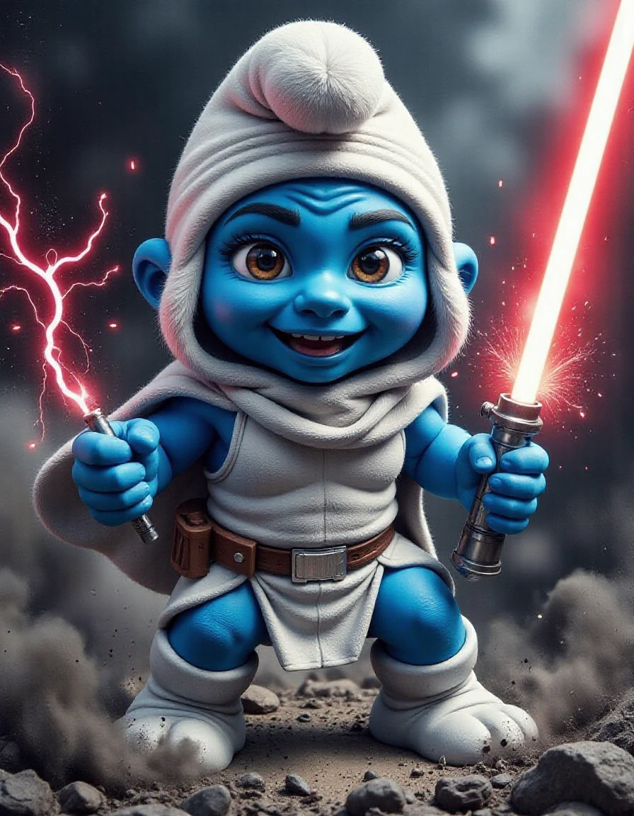 Make a closeup oil painting of an adorable CGI cartoon hen dressed as old smurf, red lightsaber, smoke and lightning, super crisp high fidelity
