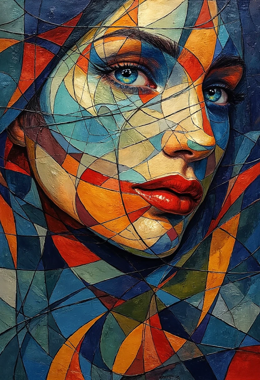 This image is a vibrant, abstract painting that resembles a human face, executed in a style reminiscent of geometric abstraction and op art. The central subject is a woman's face, portrayed in a series of overlapping, interlocking geometric shapes in a kaleidoscopic array of colors. The predominant colors are deep blues, rich reds, warm oranges, and cool greens, creating a visually striking and dynamic composition.

The woman's face is composed of numerous interconnected lines and shapes, which form her eyes, nose, mouth, and hair. Her eyes, depicted with intense detail, are a focal point, with a deep blue iris and a light blue sclera, surrounded by intricate patterns. Her lips are painted a vivid red, contrasting sharply with the surrounding colors. The hair is represented by a series of flowing, curving lines in shades of blue, red, and orange, suggesting movement and fluidity.

The background is a complex web of interconnected shapes, adding depth and texture to the image. The overall effect is one of depth and movement, with the interplay of colors and lines creating a sense of three-dimensionality and energy. The painting is executed in a highly detailed, precise manner, with smooth, even brushstrokes that enhance the geometric precision.