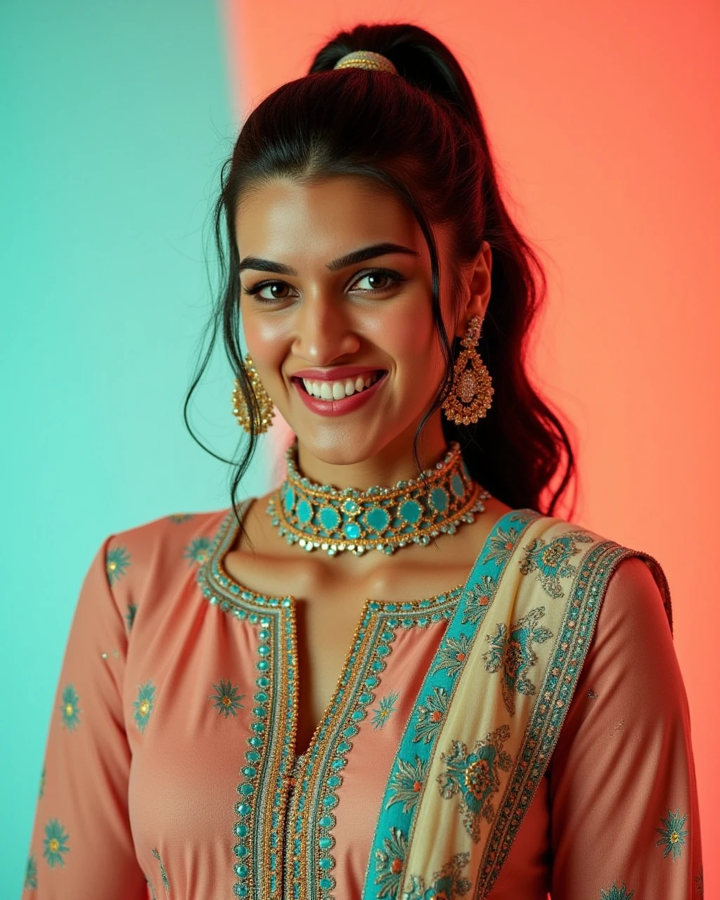 cowboy shot photo of a Kriti Sanon woman,candid photo with natural colors, grinning expression on face,studio quality, wearing intricate conservative turtleneck Emerald Jeans_with_kurta, high ponytail, pastel shaded multicolored background, cinematic soft lighting<lora:TestBed\Kriti_Sanon_2024_Flux_LoRA_V1.safetensors:1.0:1.0>