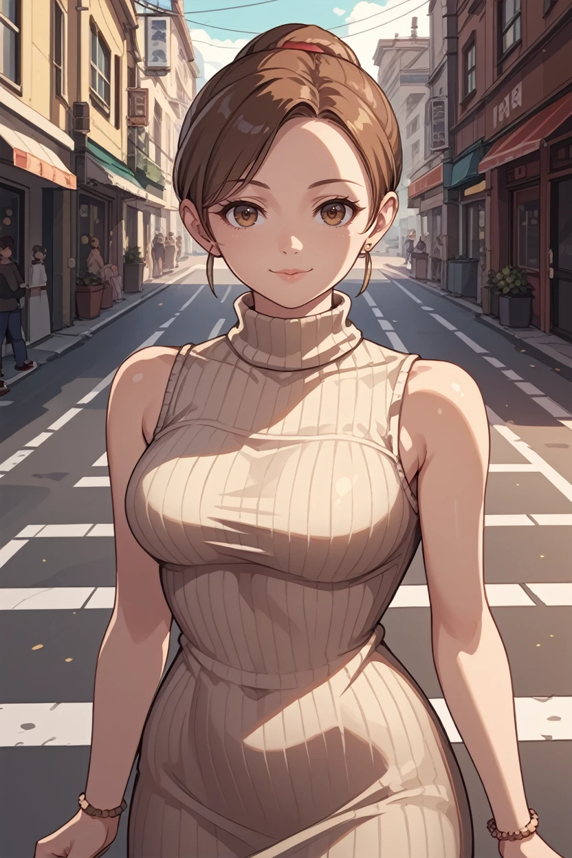 score_9, score_8_up, score_7_up,
<lora:RORJennifer:0.8>
RORJennifer, 1girl, brown hair, brown eyes, looking at viewer, street, standing, cowboy shot, bare arms, turtleneck, ribbed sweater, sweater dress, sleeveless, smile