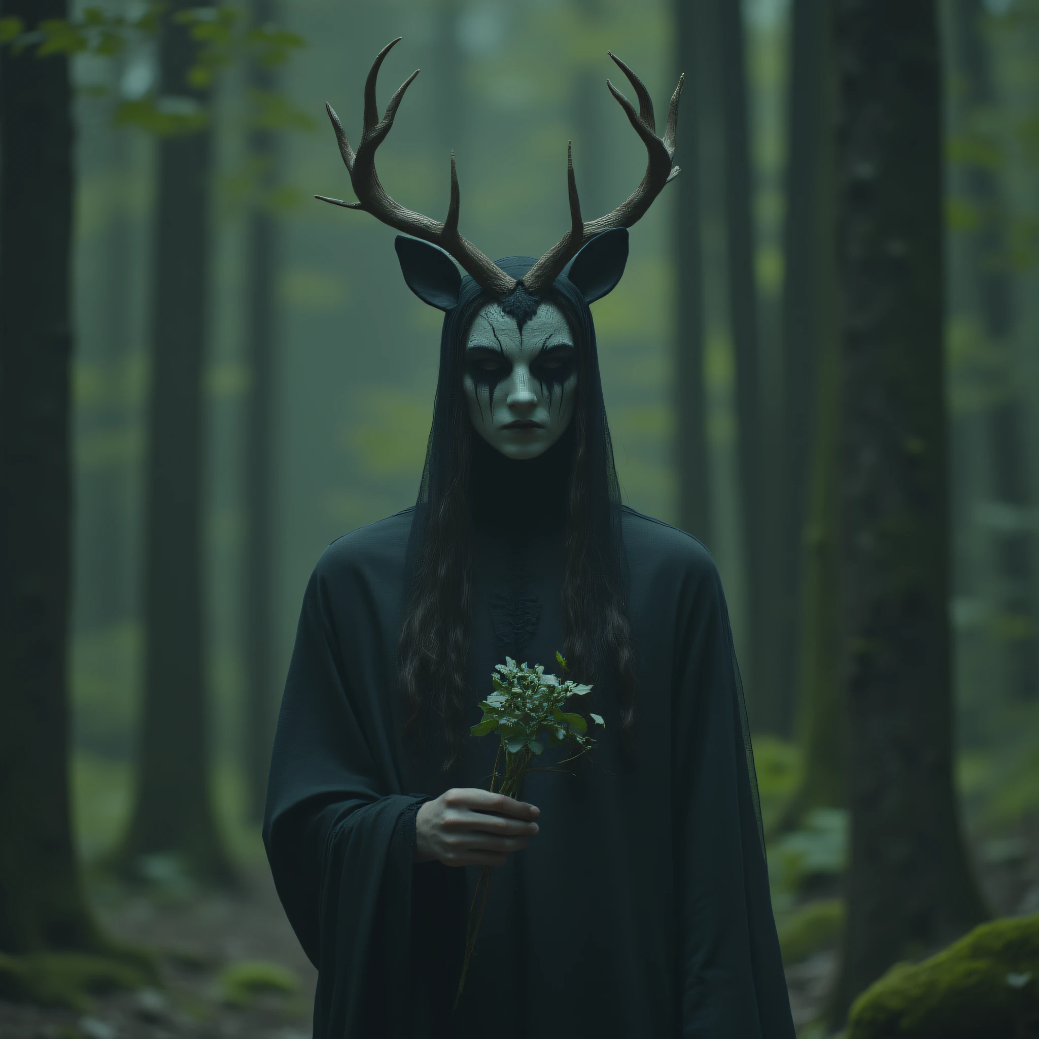 ArsMovieStill, Movie still from a 2010s folklore horror film, The image shows a woman wearing a black dress and a deer head with antlers on her head holding a plant in her hand standing in a forest with trees in the background., solo, long hair, flower, holding, antlers, robe, branch, blurry, male focus, blurry background