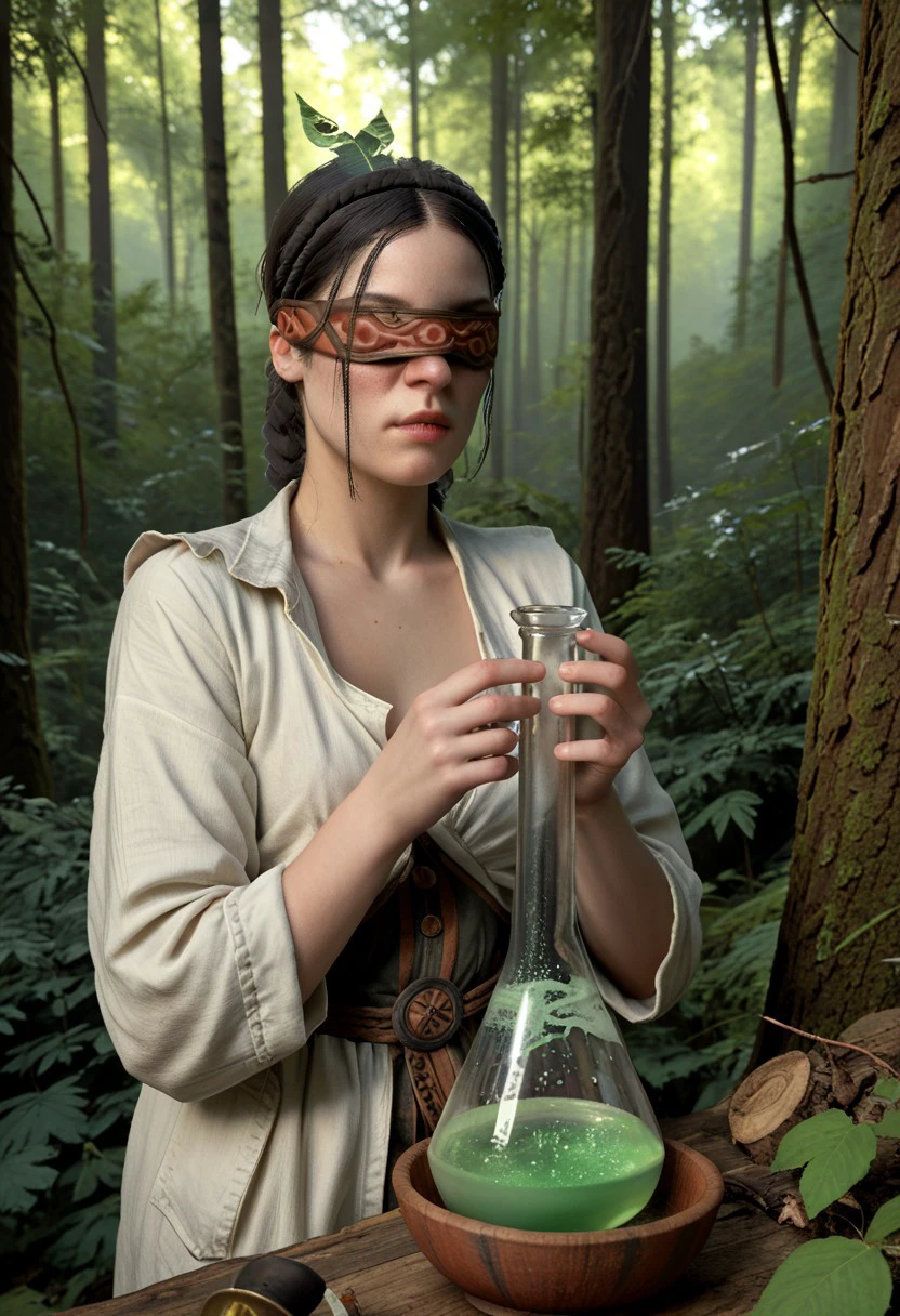 "score_9, score_8_up, score_7_up, 1girl Philippa Eilhart blindfold  crafting a powerful potion, surrounded by ancient tomes, in a hidden alchemical lab deep within the forest.