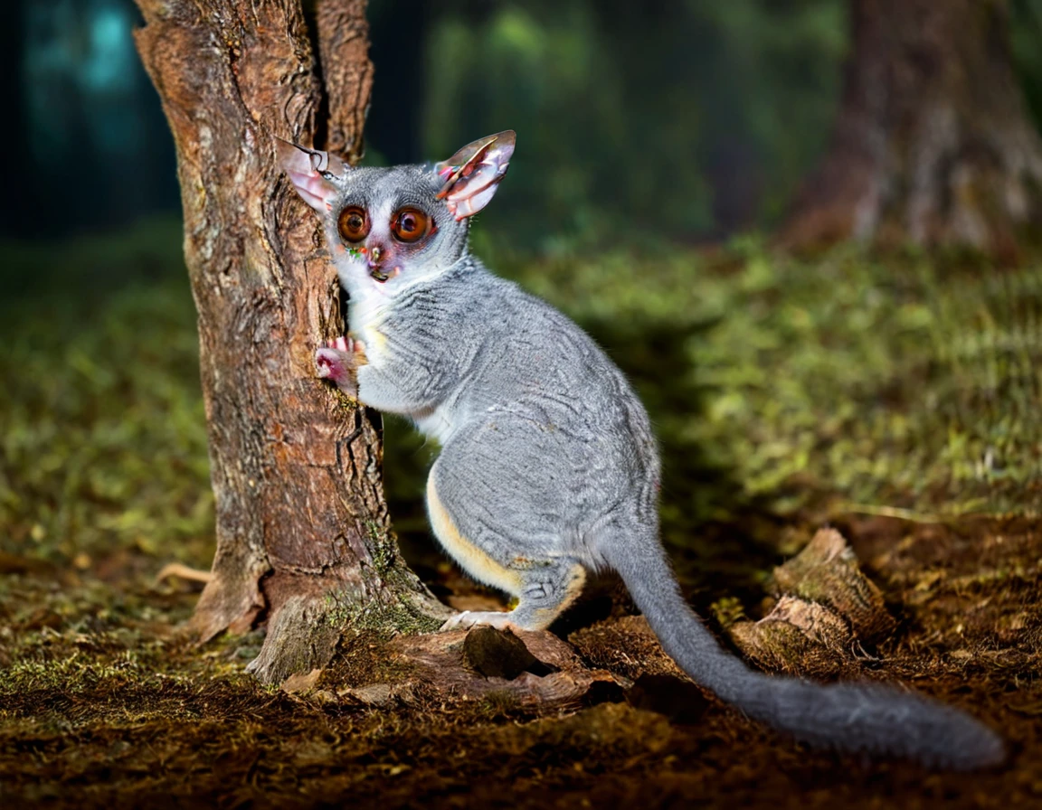 animal galago standing next to a tree in a forest