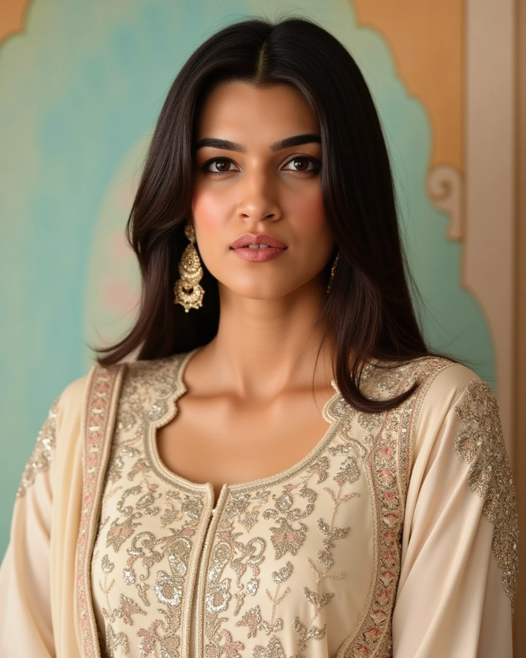 headshot photo of a Kriti Sanon woman,candid photo with natural colors, pouting expression on face,studio quality, wearing intricate conservative long sleeved Ivory Churidar Suit, straight hair, pastel shaded multicolored background, cinematic soft lighting<lora:TestBed\Kriti_Sanon_2024_Flux_LoRA_V1.safetensors:1.0:1.0>