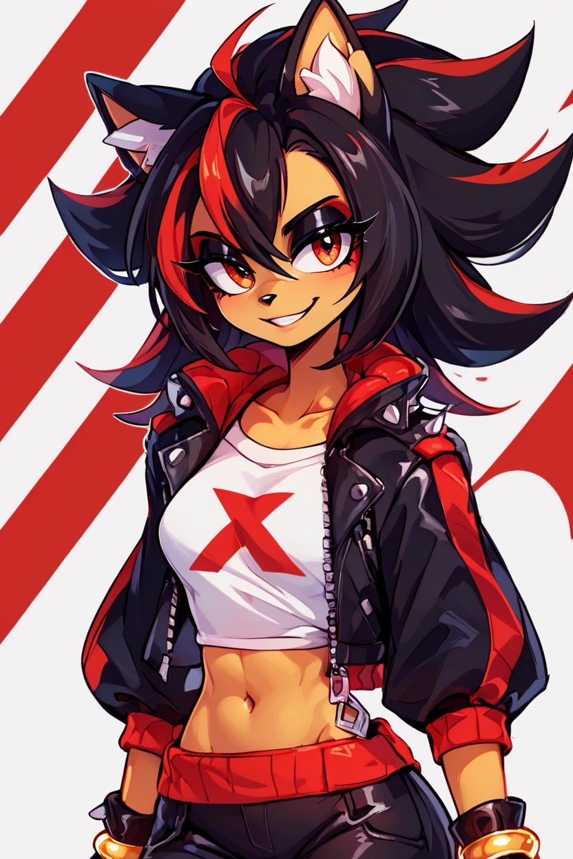 score_9, score_8_up, score_8, medium breasts, (curvy), cute, eyelashes,       BREAK, , ,,, zzShady, red eyes, multicolored hair, two-tone hair, streaked hair, black hair, red hair, animal ears, , long hair, furry, spiked hair,  black crop top, open jacket, black leather jacket, gold bracelet, black leather pants,   <lora:ShadowRule63_PDXL:0.8>,  ,,,, BREAK, smile, looking at viewer, ,,, abstract background, white outline, cowboy shot, ,,, embedding:zPDXL, Expressiveh, ,,, <lora:CatalystStylePDXL:0.6>, <lora:SDXLFaeTastic2400:0.5>, <lora:Expressive_H-000001:0.4>,