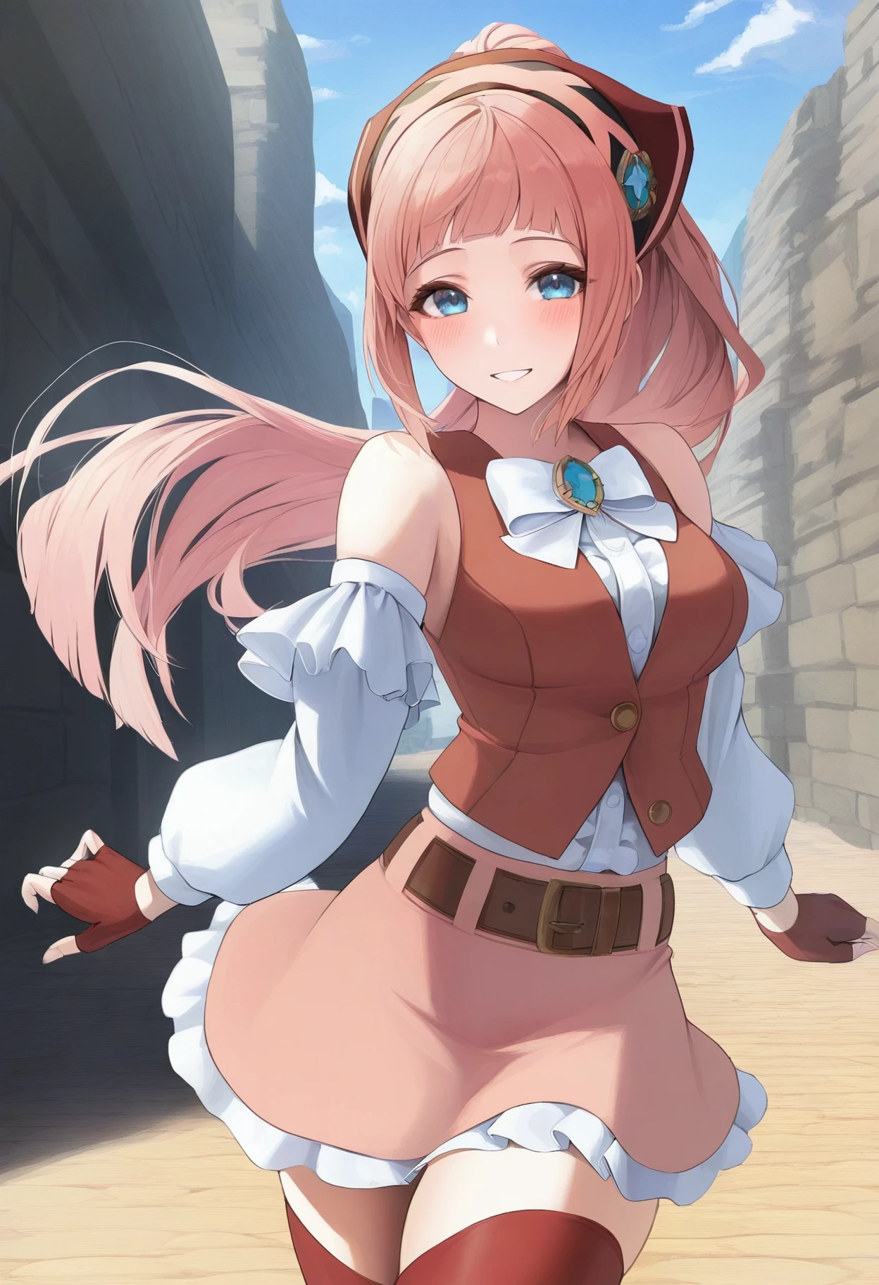 masterpiece, best quality, 1girl, solo, <lora:felicia-fe-richy-v1_ixl:1> f1cpcnc, blue eyes, pink hair, long hair, ponytail, sidelocks, blunt bangs, bandana, medium breasts, white bow, red vest, detached sleeves, long sleeves, white sleeves, bare shoulders, fingerless gloves, red gloves, belt, pink skirt, red thighhighs, blush, (leviathan \(hikinito0902\):0.7), outdoors, looking at viewer, smile, parted lips, zettai ryouiki