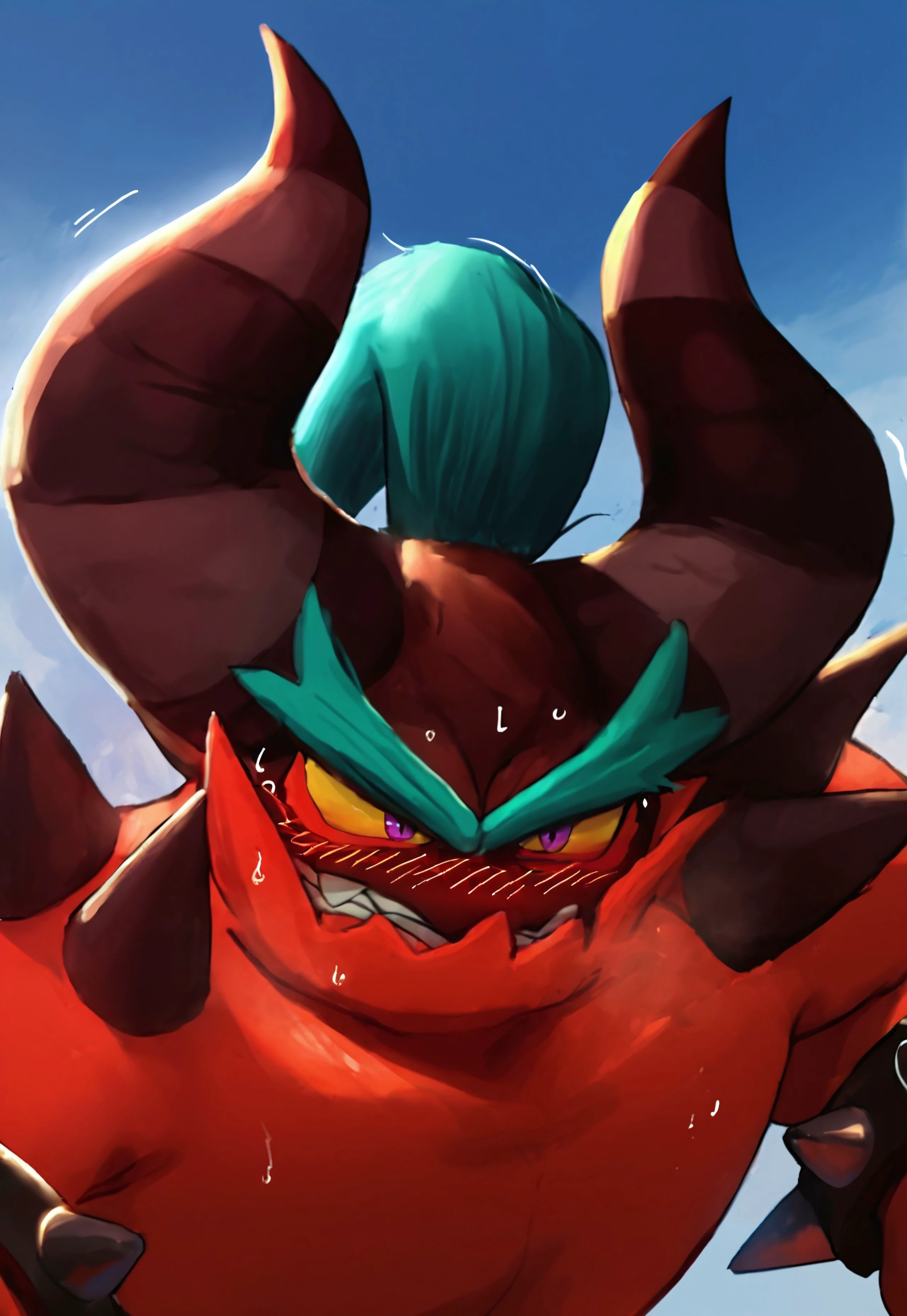 Boy with devilish wings,Wide open mouth,A face contorted in pain,Crying face,Sweaty,A body built like a bodybuilder,Huge erect penis,,