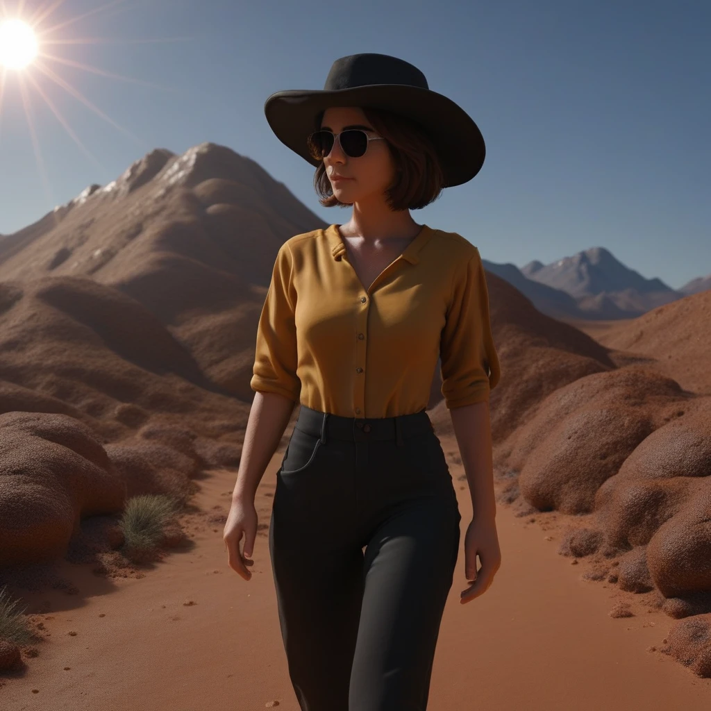 chocoslime, chocolate, woman walking through a slimey desert, in a brown desert with mountains in the far, solo, wearing black pants and shirt, wearing sunglasses, black hat, bright sun, mountains in far background, beautiful desert, day sky, full sun, sunlight, adult, short hair, brunette, realistic, masterpiece, 4k, trending on artstation, oustanding art, high details, brown scenery