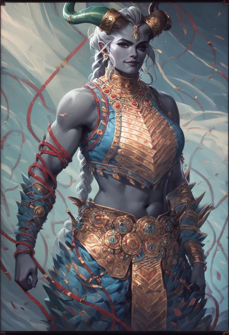 score_9, score_8_up, score_7_up, score_6_up, 1girl,
taash, qunari, long grey hair, long braid, emerald horn, brown horn, grey skin, bony face, navel,
feathered armor, taash_o1, jewelry, arm ropes, belt, (sleeveless:1.4),
mean expression, action pose, creative angle, dynamic pose,
hand behind head, seductive, smug, looking at viewer, bedroom eyes, confident, large breasts,