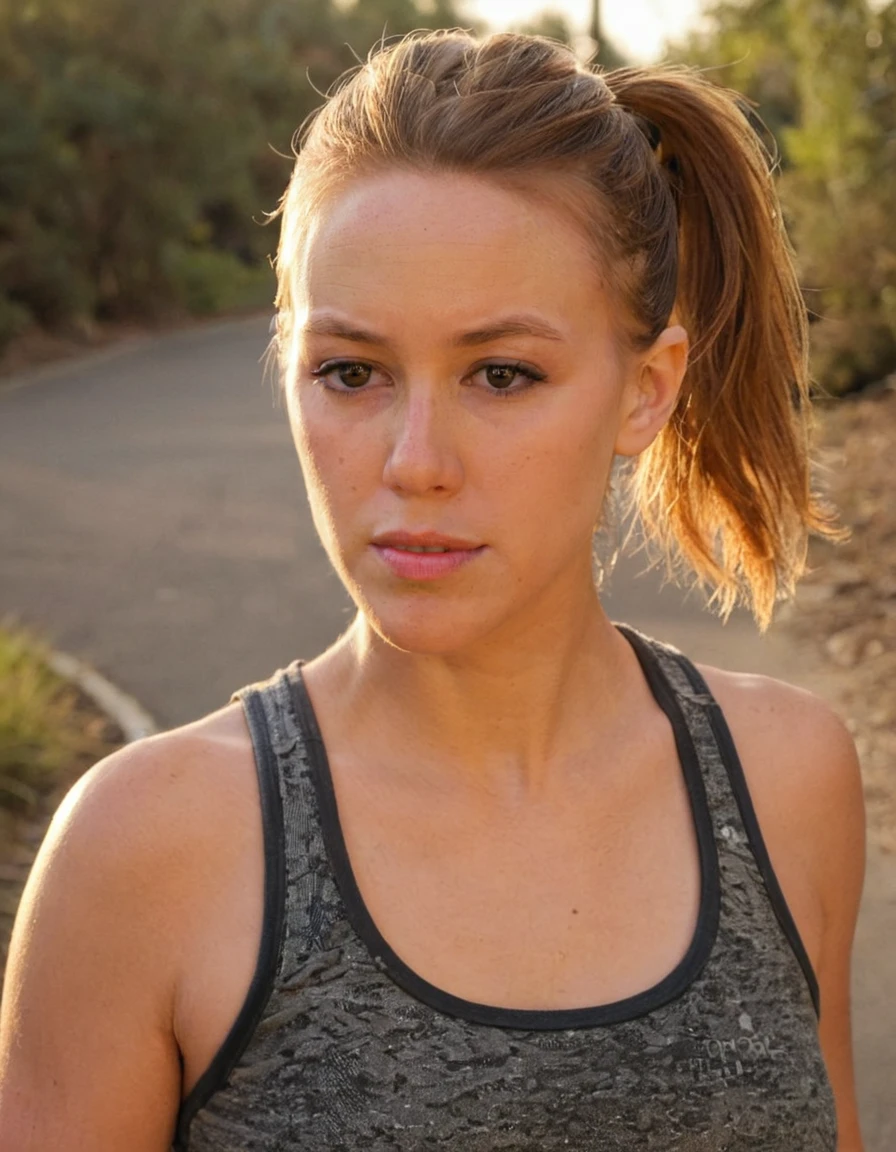 young woman, <lora:Marisha-v1:0.8>,  wearing tank top, ponytail, walking on park trail, sunrise, rim lighting, detailed face, looking at viewer