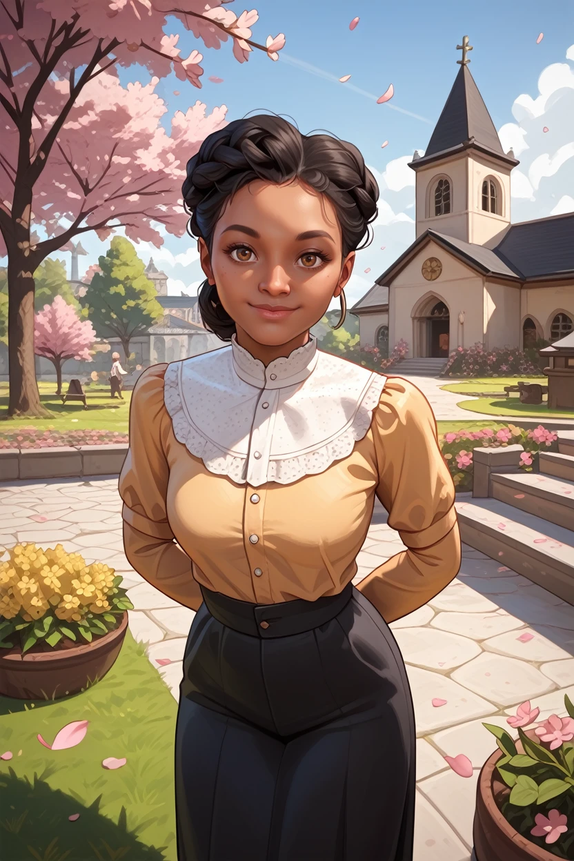 score_9, score_8_up, score_7_up,
<lora:RDR2Tilly:0.8>
RDR2Tilly, 1girl, black hair, brown eyes, dark skin, looking at viewer, arms behind back, leaning forward, standing, outdoors, cherry blossoms, smile, garden, church