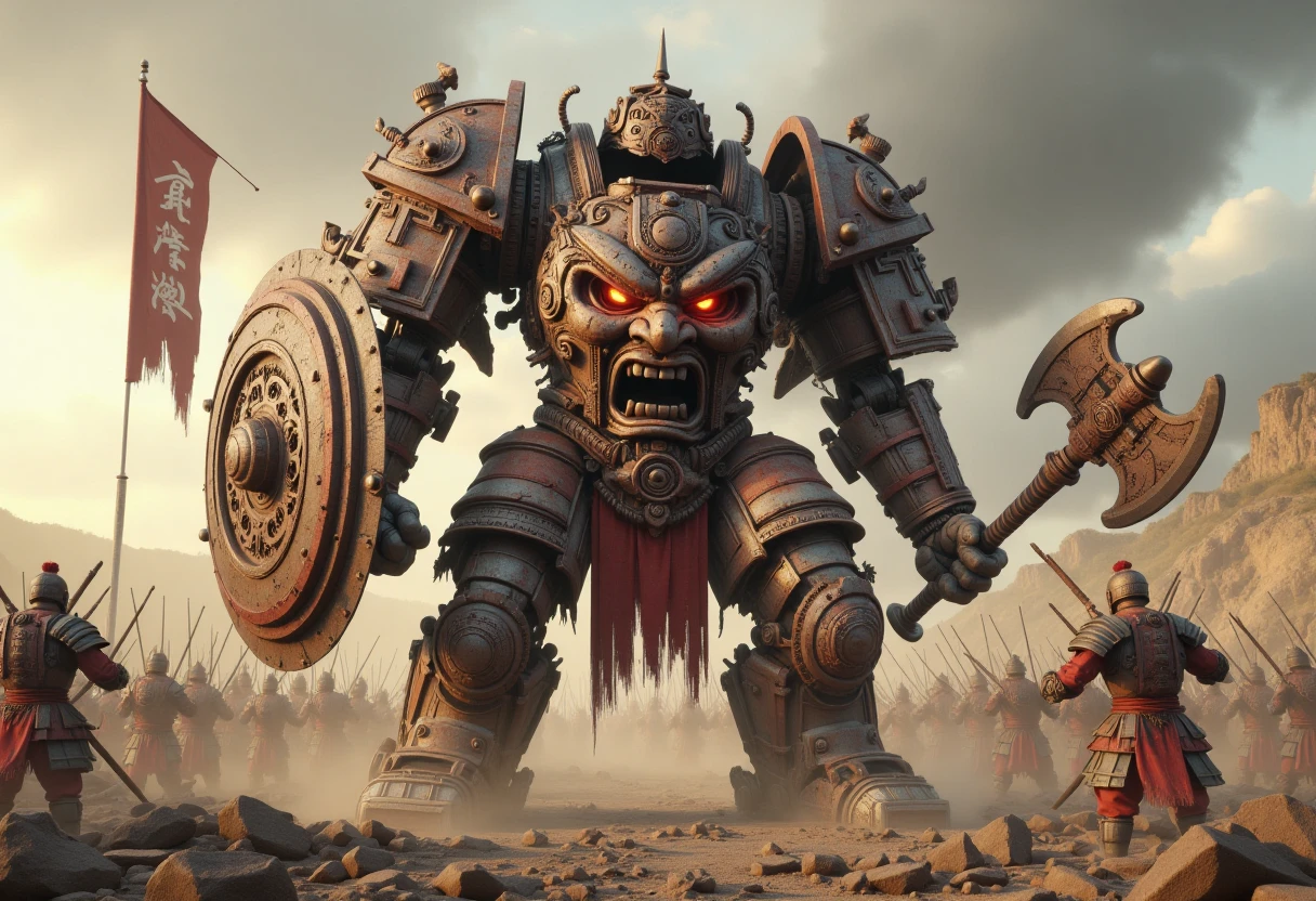 xingtianmech, face on torso, in a fierce fighting stance on the battlefield, its rusty and broken armor reflecting the remnants of a shattered world. Armed with a massive axe and a sturdy shield, this ancient mecha, with piercing red eyes engulfed in fiery flames, embodies the strength and resilience in a ruined battlefield landscape, surrounded by thousand soldiers, set in ancient China, ruins, fire smoke, banner, dust. <lora:Xingtianmech:0.8>