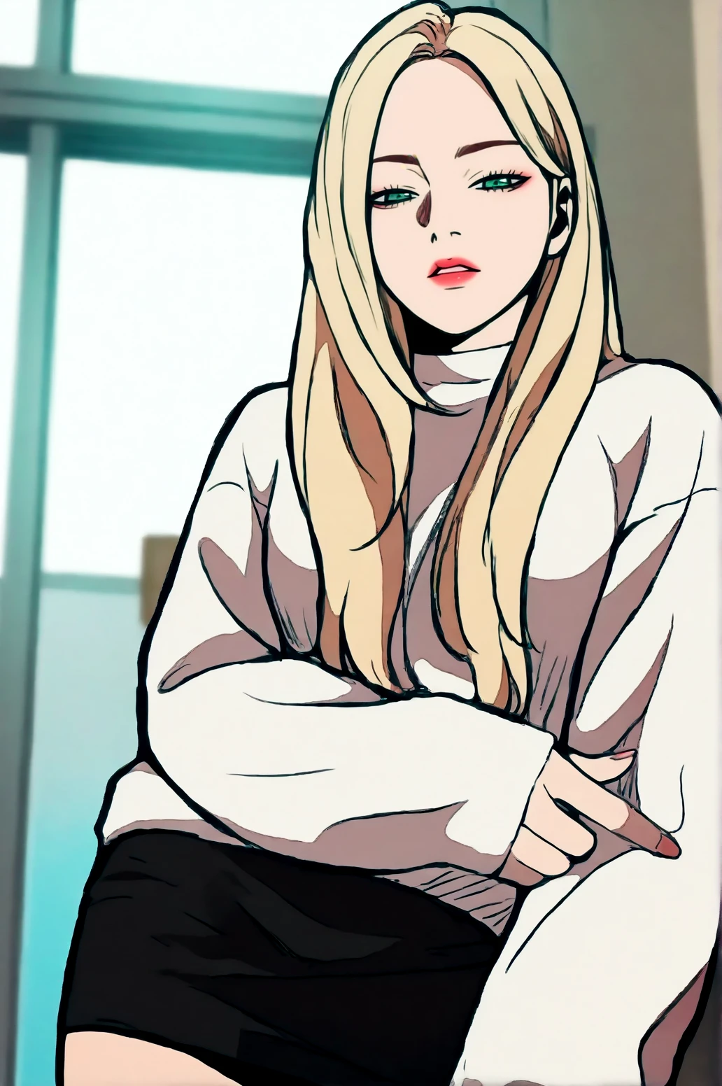 masterpiece, best quality, anime screencap, Shelly Scott, animification, black skirt, general, k-pop, looking at viewer, miniskirt, skirt, sleeves past wrists, solo, sweater, white sweater <lora:JN_Shelly_Scott:0.8>