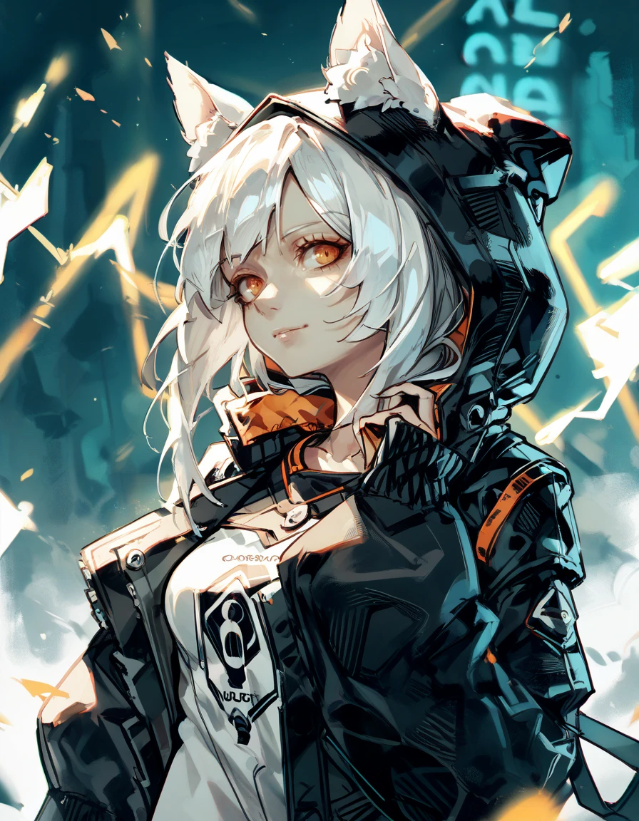 score_9, score_8_up, score_7_up, score_6_up, 1NDR4,  1girl, solo, looking at viewer, shirt, animal ears, jacket, upper body, white hair, hood, orange eyes, animal ear fluff,  <lora:Indra(AK)-Pony_v1.0:1>