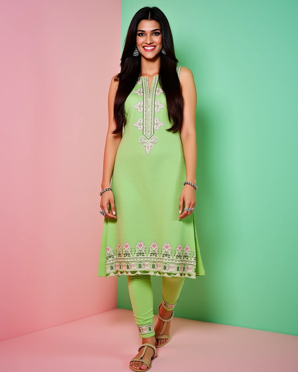 full body photo of a Kriti Sanon woman,candid photo with natural colors, laughing expression on face,studio quality, wearing intricate conservative sleeveless Green Kurti with Leggings, straight hair, pastel shaded multicolored background, cinematic soft lighting<lora:TestBed\Kriti_Sanon_2024_Flux_LoRA_V1.safetensors:1.0:1.0>