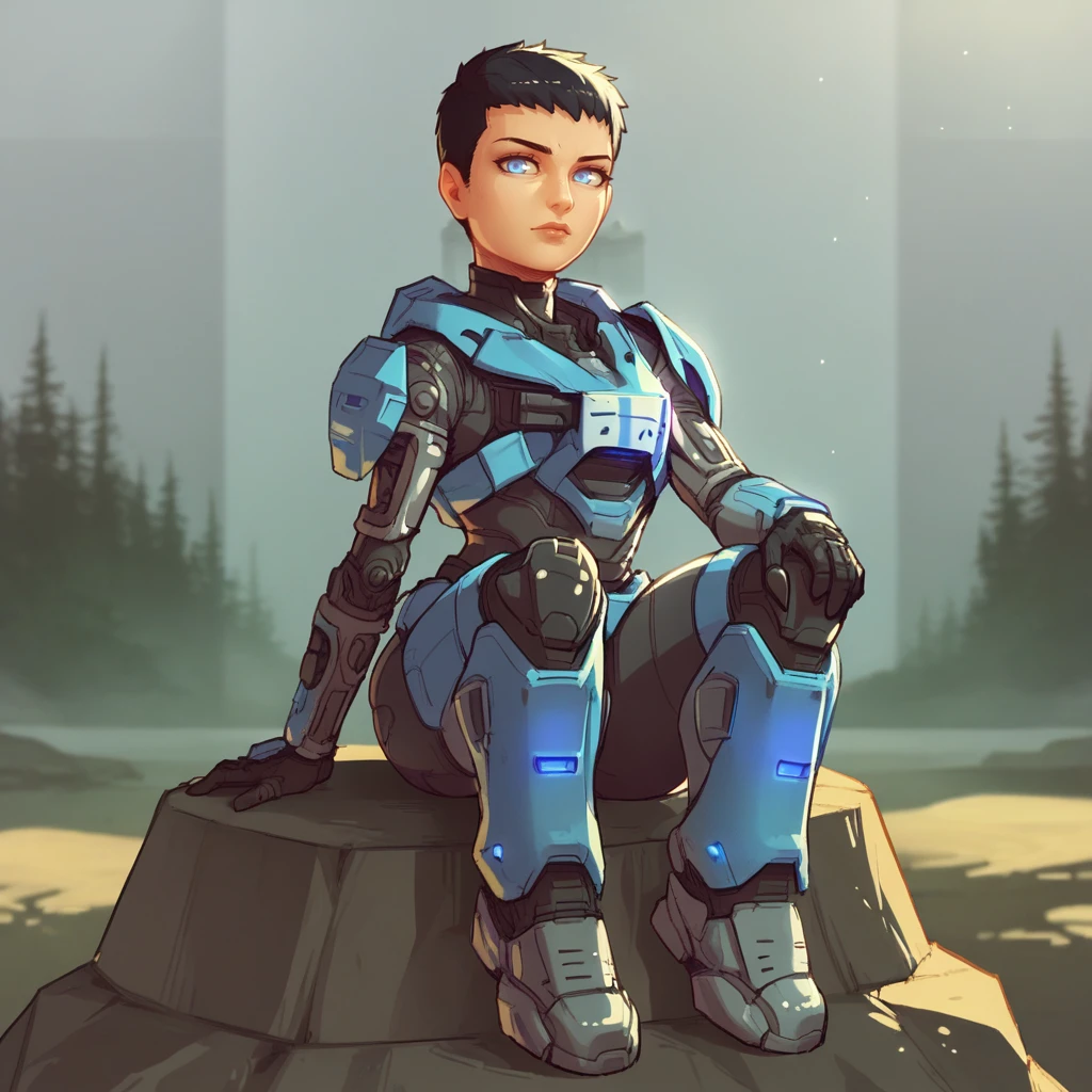 score_9_up, score_8_up, BREAK, kat-b320, 1girl, solo, black hair, short hair, blue eyes, blue armor, looking at viewer,  <lora:Kat-b320_HaloReach_PXL_Leaf2:1>, outdoors,  forest, sitting on rock,