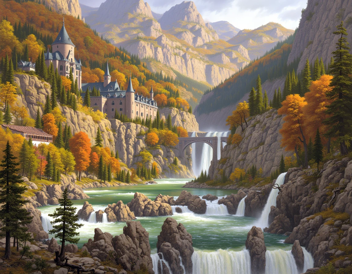 a painting of  Rivendell nestles in its hidden valley like a jewel in a protective setting, its elegant architecture seeming to grow from the very cliffs. Countless waterfalls cascade around and through the Last Homely House, their spray creating permanent rainbows in the perpetual autumn light. Delicate bridges span the rushing waters of the Bruinen, while the surrounding peaks ensure that the valley remains hidden from unfriendly eyes.
<lora:TedNasmith_MiddleEarth-flux-v2:1>