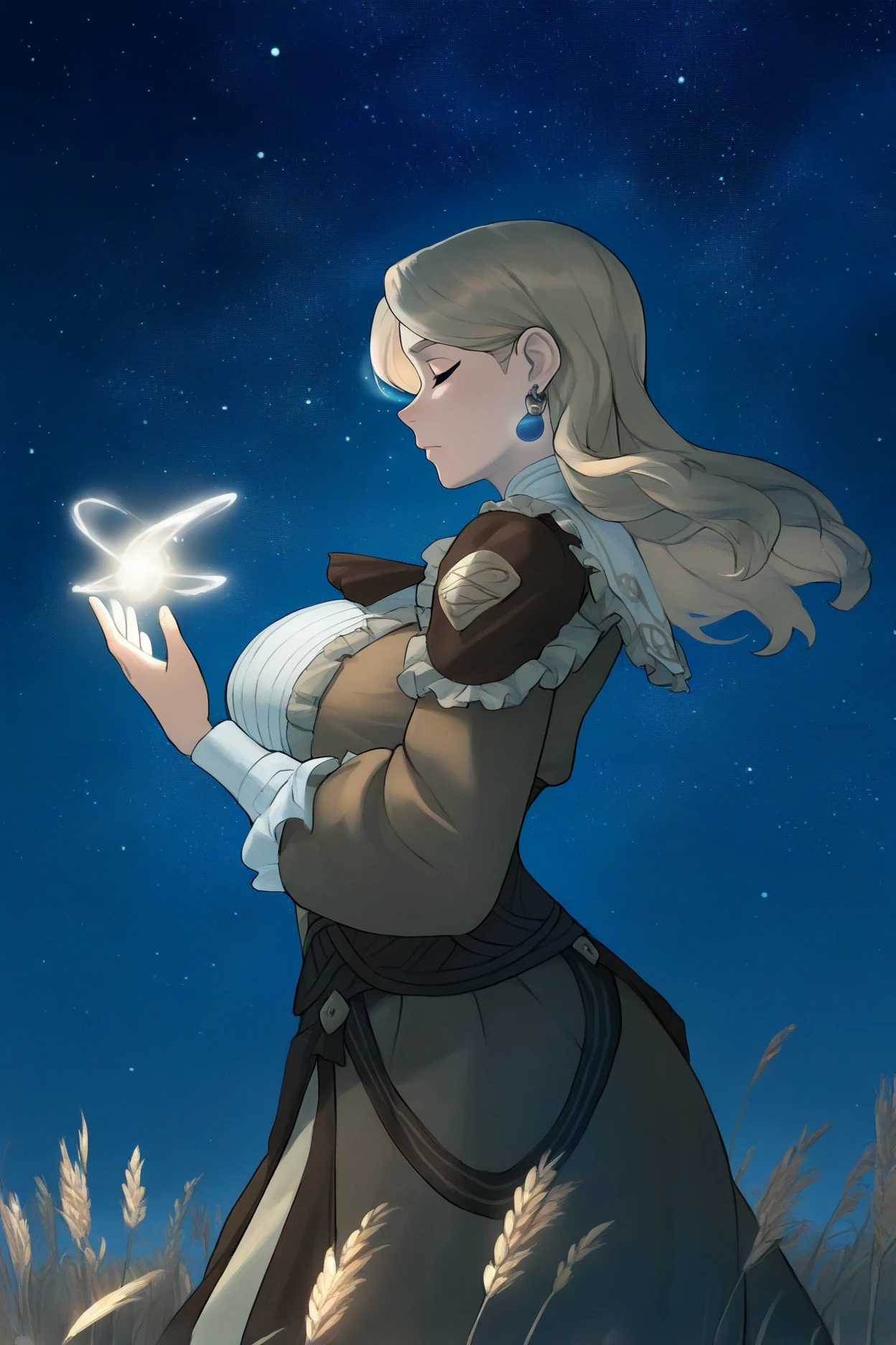 masterpiece, best quality, 1girl, solo, <lora:femercedes-illu-nvwls-v1-000005:1> 3hmcdes, blonde hair, long hair, blue eyes, earrings, brown dress, frills, brown ascot, long sleeves, corset, large breasts, night sky, starry sky, closed eyes, casting magic, white magic, white glow, from side, wheat fields