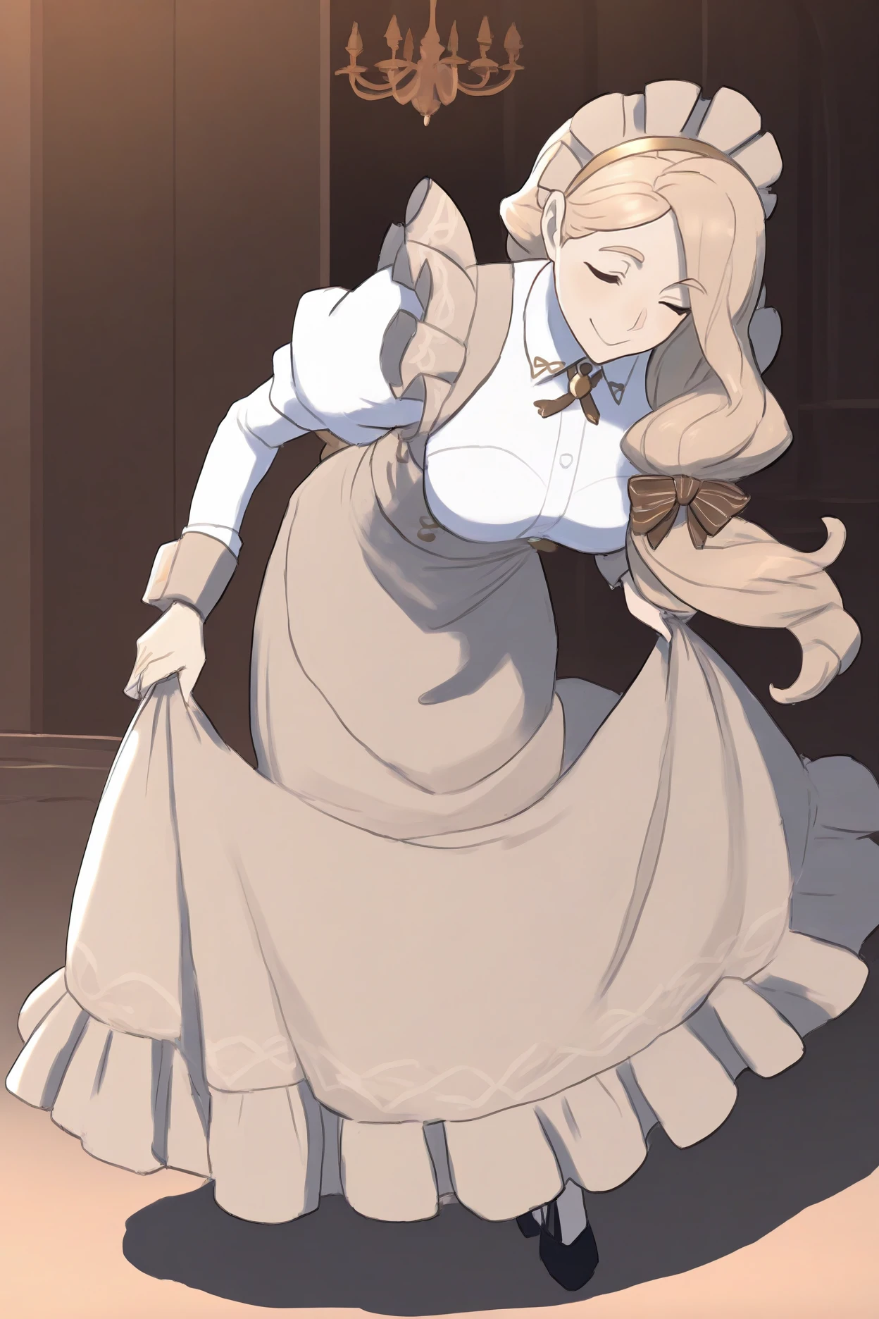 masterpiece, best quality, 1girl, solo, <lora:femercedes-illu-nvwls-v1-000005:1> mdmcdes, blonde hair, low-tied long hair, blue eyes, hair over shoulder, hair bow, maid headdress, white shirt, collared shirt, puffy sleeves, maid apron, long sleeves, large breasts, skirt hold, full body, leaning forward, smile, closed eyes, happy, mansion, chandelier