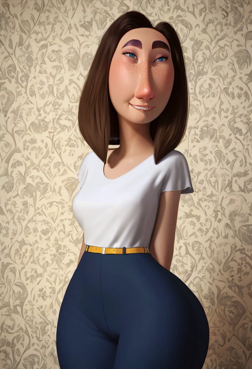 sarah (meetmyfamily), 1girl, long face, blue eyes, thick eyebrows, freckles, brown hair, medium hair, bob cut, white tucked in shirt, short sleeves, yellow belt, tight blue jeans, black high-heels, grey wristwatch, curvy, wide hips, thick thighs, score_8_up, score_7_up, BREAK, 1girl, solo, closeup, smirk, biting lips, realistic, 3d, portrait