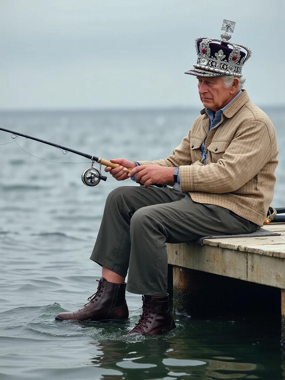 K1N6CH4RL35 An elderly man on a fishing trip, sitting on a dock with a fishing rod, crown slightly tilted <lora:King-Charles_Flux_v01e08:1>