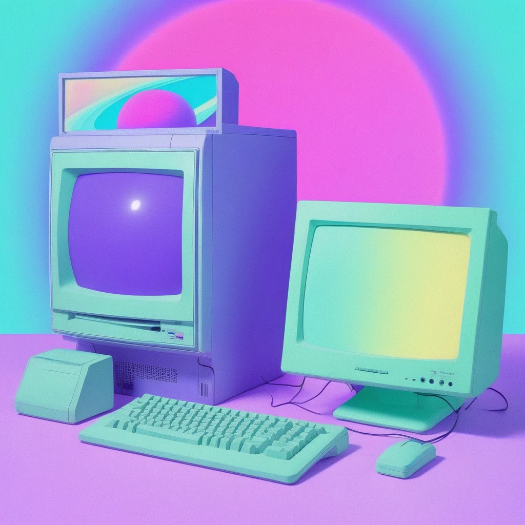 vaporwave colors,computer,indoors,cyan,pastel green,pastel yellow,pastel pink,neon red,purple