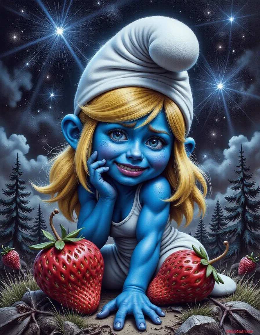 Create a detailed oil painting portraying a sad, cartoon smurfette. Illustrate the strawberry with vivid and contrasting colors, showing profound emotion in its facial expression. Set the scene on a gentle grassy hill under the quiet, starry night. The smurfette sits alone under the open sky, its small silhouette contrasting against the vast darkness, accentuating its solitude and melancholy.