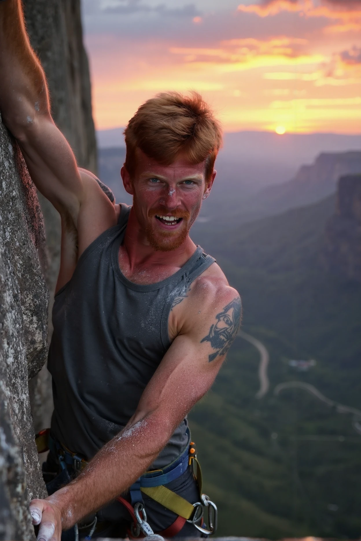 A breathtaking photograph of Aric rock climbing on a sheer cliff, His face is the focus of the shot. visibly straining yet exhilarated as he reaches for a ledge, his expression revealing both concentration and excitement. He dons a fitted climbing harness, a moisture tank top shirt, and chalk-covered hands. The background is an expansive view of a valley below, with rolling hills and a brilliant sunset painting the sky in vibrant oranges and purples, showcasing the beauty of nature and adventure. Bushy armpit hair.<lora:AricT_L4_Nocap-000034.safetensors:1.0:1.0>