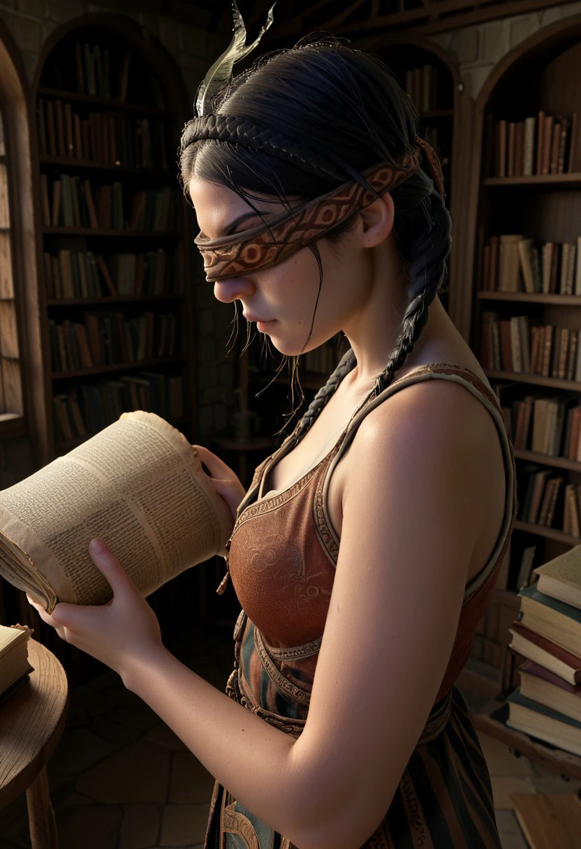 score_9, score_8_up, score_7_up,1girl blindfold   Philippa Eilhart deciphering an ancient scroll, her fingers tracing mystical runes, in a dimly lit, arcane library."