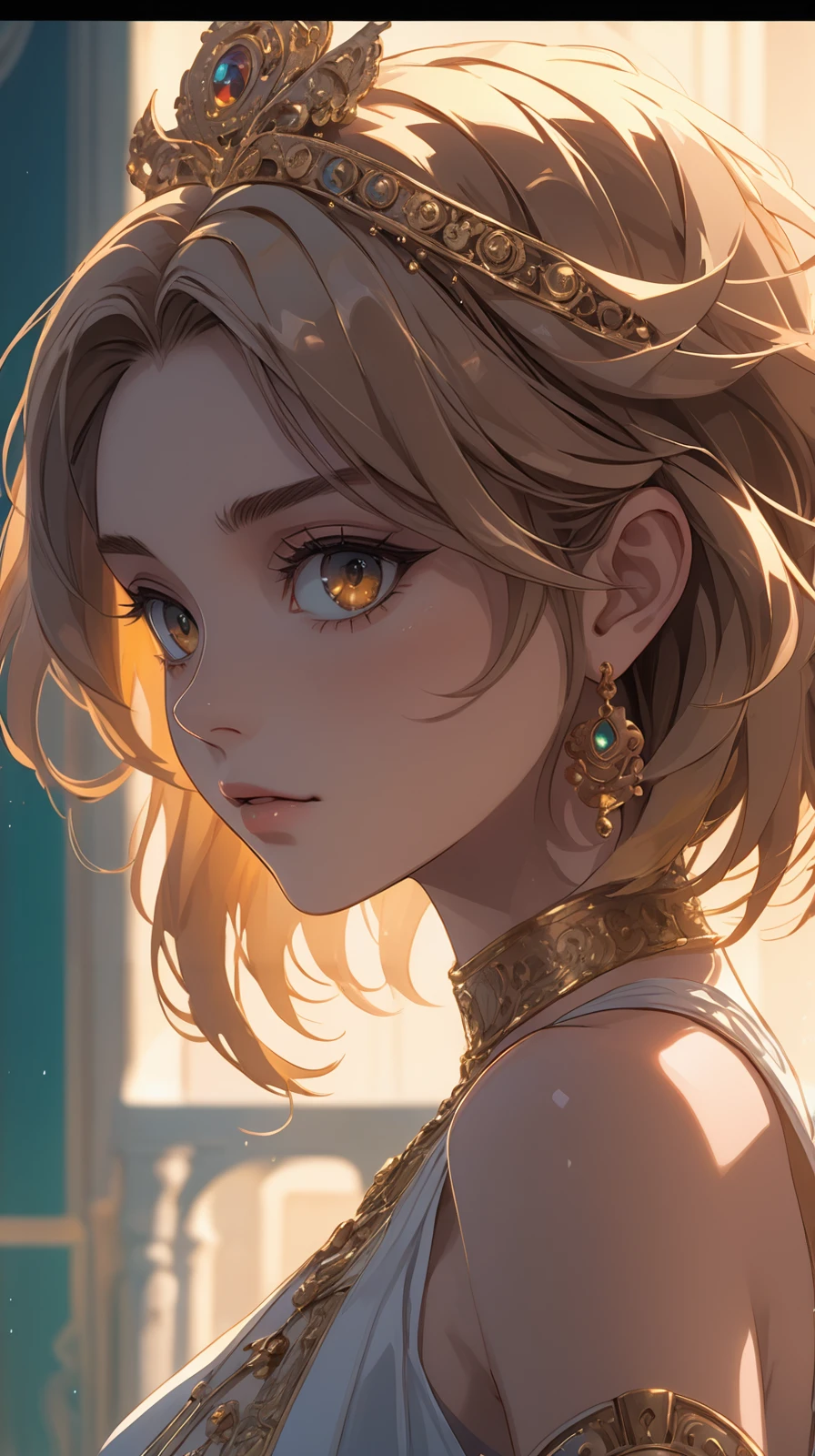 masterpiece, best quality, sharp and in focus, (((masterpiece))) , (((best quality))) , anime style, 2d, anime artbook, anime official wallpaper, Cubo-futurism, Hardy elegant Venetian (pretty 1girl, solo:1.2) , her hair is Honey, she has a Bindi, Bathed in shadows, Panorama, Anime screencap, side lit, 50mm, detailed face, highly detailed, lavish, perfect composition, dynamic dramatic atmosphere, dynamic cinematic color, fabulous colors, artistic