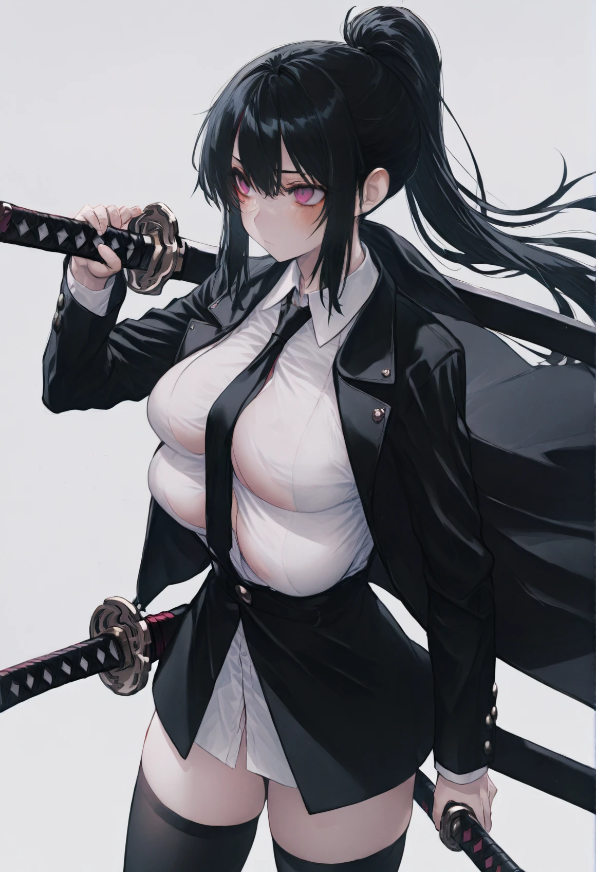 many breasts, 1girl, breasts,sword, weapon, katana, necktie, holding, holding sword, long hair, shirt, holding weapon, black hair, jacket, black jacket, ponytail, thighhighs, sheath, white shirt, black thighhighs, pink eyes, long sleeves, unsheathing, collared shirt, blush, closed mouth, simple background ,
,. masterpiece,best quality,very aesthetic,absurdres
<lora:furuforill-000082:1>  <lora:ANKEXLlokr4fill-000181:0.95>