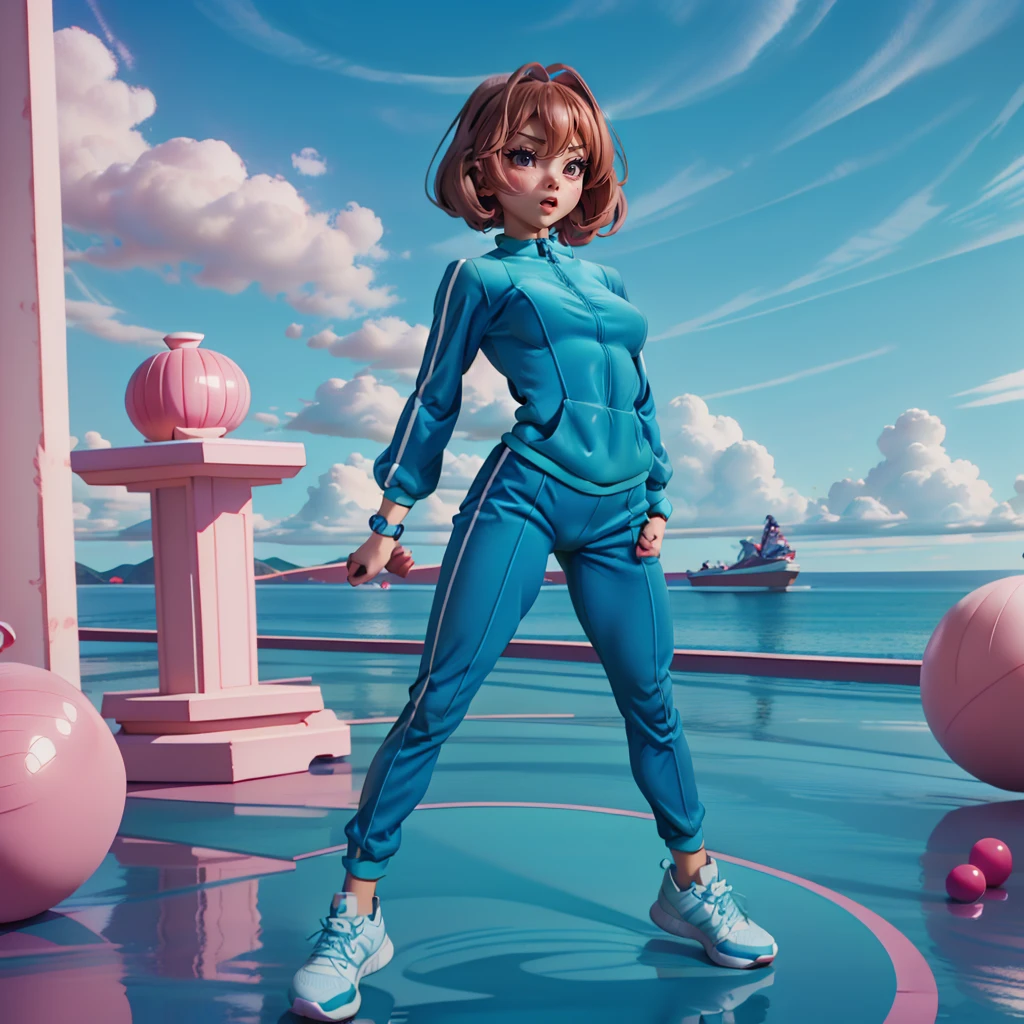 gym scenery, maryleeDollStyle, 1girl, (solo:1.3), brown hair, short hair, breasts, full body, <lora:Violet_Beaurgarde_Tracksuit_SD1.5:1.3> blue tracksuit, blue jacket, pants, sneakers, watch