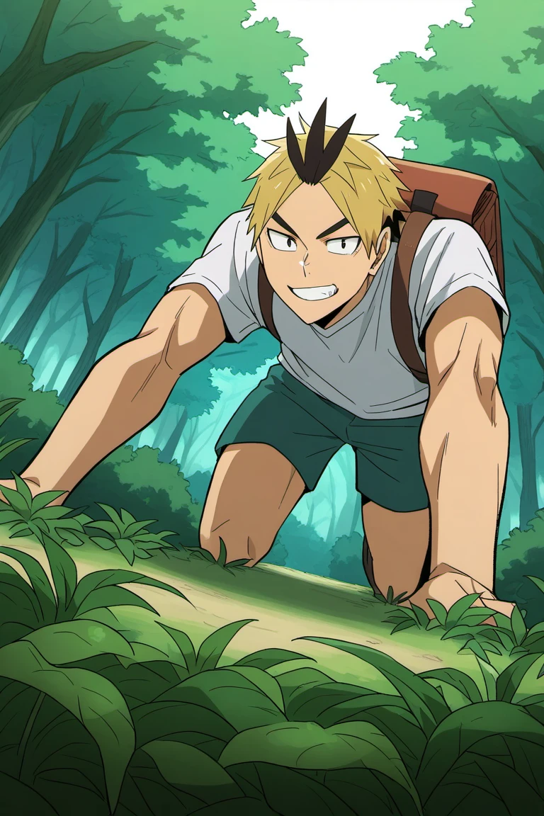 day, natural lighting, green theme, plant, overgrowth, bush, leaves, male focus, crawling, on all fours, looking away, smiling, KoganegawaHU, blonde-black_KoganegawaHU_multicolored hair, brown_KoganegawaHU_eyes, grin, teeth, adventurer clothes, short sleeves, bag, backpack, shorts, oversized arms, thighs, 1boy, outdoors forest, from below, dutch angle, intricately detailed illustration, masterpiece, best quality, amazing quality, very aesthetic, absurdres, newest