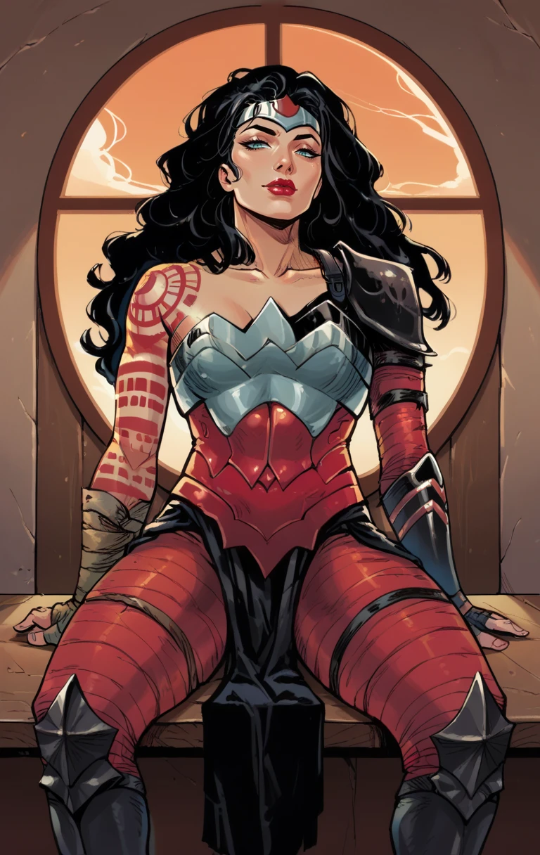 score_9,score_8_up,score_7_up BREAK<lora:AbsoluteWonderWoman:1>, AbsoluteWonderWomanMarlo, 1girl, solo, long hair, black hair, armor, tattoo, shoulder armor, pauldrons, breastplate,  red lips, room, room background, sitting,