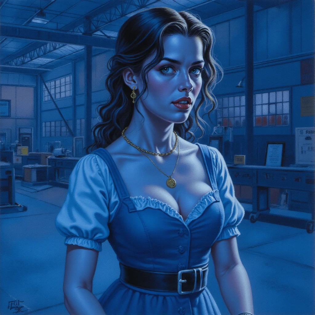 A close up of a woman wearing a dress, painting in the style of m3g4d3thart artstyle, inside a factory, blue tone