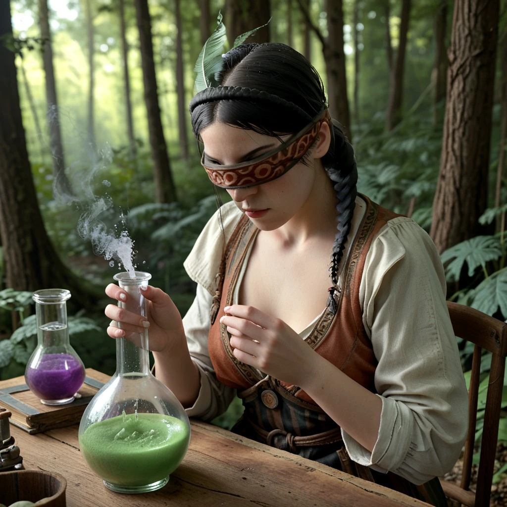 "score_9, score_8_up, score_7_up, 1girl Philippa Eilhart blindfold crafting a powerful potion, surrounded by ancient tomes, in a hidden alchemical lab deep within the forest."