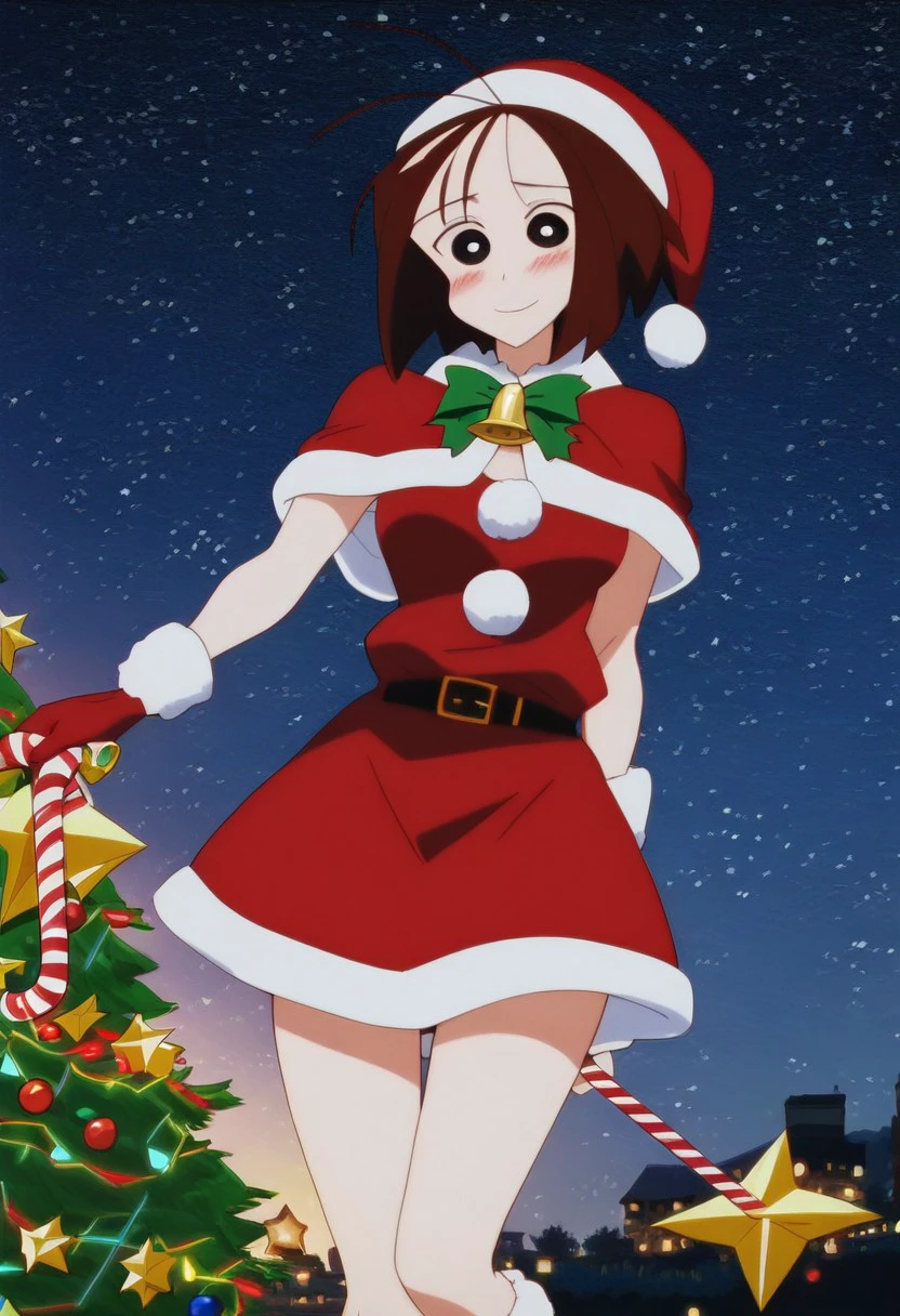 YS, 1girl, solo, portrait, looking at viewer, short hair, wearing santa hat, santa coat, room, christmas tree, perfect quality, good quality, masterpiece, HDR, UHD (vaginal sex:1.3),